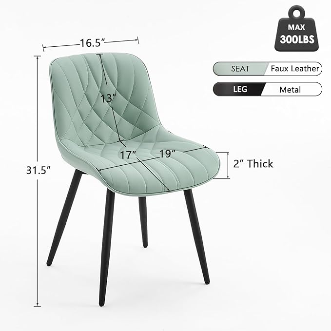 YOUNUOKE Dining Chairs Set of 2 Mid Century Modern Kitchen Chair Comfortable Upholstered Faux Leather Dinner Chairs for Kitchen Dining Room, Mint - LeafyLoom