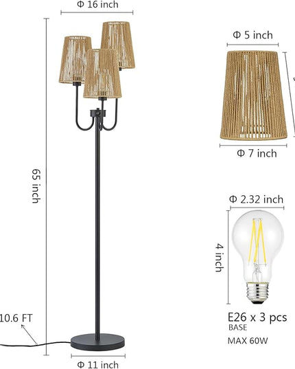 RORIANO Boho Floor Lamp for Living Room, 3-Light Rotary Switch Farmhouse Standing Bedroom Lamp with Rattan Shade, Tall Floor Lamps for Rustic, Coastal, Beach or Bohemian Decor, 3 LED Bulbs Included - LeafyLoom