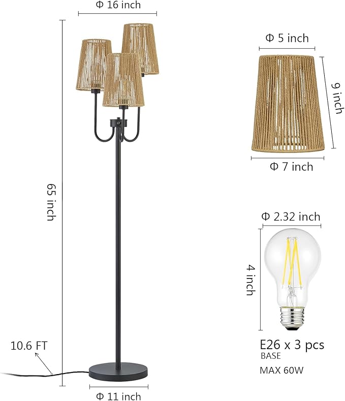 RORIANO Boho Floor Lamp for Living Room, 3-Light Rotary Switch Farmhouse Standing Bedroom Lamp with Rattan Shade, Tall Floor Lamps for Rustic, Coastal, Beach or Bohemian Decor, 3 LED Bulbs Included - LeafyLoom