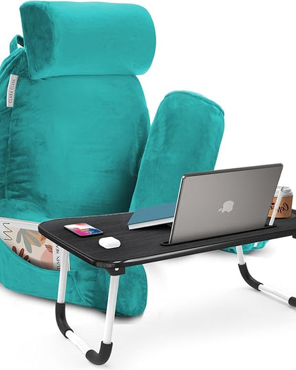 Clara Clark Reading Pillow with Portable Lap Desk for laptop Set, Back Pillow for Sitting Up in Bed, Memory Foam Back Support Pillow, Bed Rest Pillow with Foldable Laptop Desk, Large - Teal - LeafyLoom