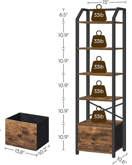 6 Tier Bookshelf, Book Shelf with Removable Drawer, Tall Narrow Bookcase with Shelves, Standing Display Shelf, Storage Organizer, for Bedroom, Home Office, Rustic Brown and Black SJ06BR - LeafyLoom