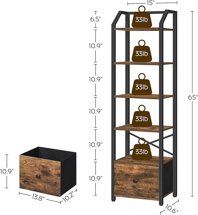 6 Tier Bookshelf, Book Shelf with Removable Drawer, Tall Narrow Bookcase with Shelves, Standing Display Shelf, Storage Organizer, for Bedroom, Home Office, Rustic Brown and Black SJ06BR - LeafyLoom