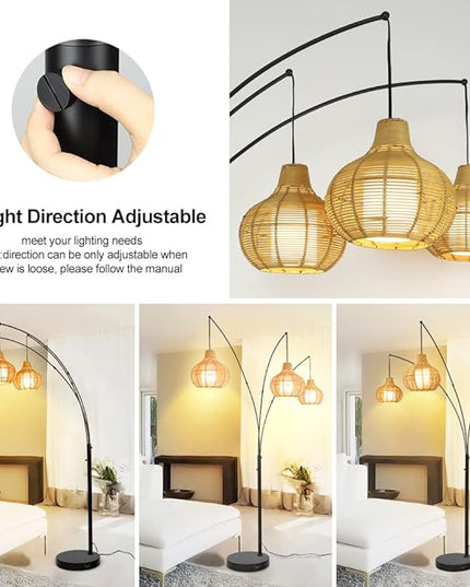 Depuley 3-Light LED Arc Floor Lamps, Adjustable Modern Tall Standing Reading Lamp with Bamboo Lampshades & Marble Base, Rattan Floor Lamp for Living Room Bedroom Office Study, E26 Bulbs Included - LeafyLoom