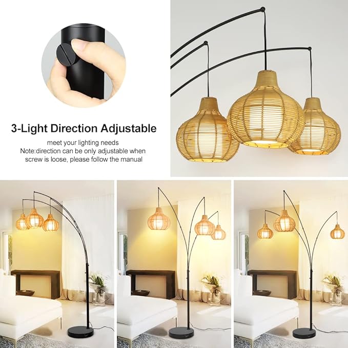 Depuley 3-Light LED Arc Floor Lamps, Adjustable Modern Tall Standing Reading Lamp with Bamboo Lampshades & Marble Base, Rattan Floor Lamp for Living Room Bedroom Office Study, E26 Bulbs Included - LeafyLoom