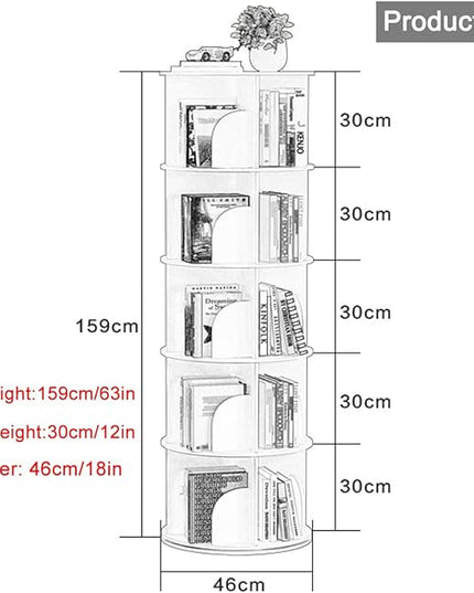 5 Tier Rotating Bookshelf 360° Revolving Bookcase Modern Tall Book Shelf Storage Display Rack Floor Standing Shelves with Baffle for Home Living Room Study Office White 63''X18''X18'' - LeafyLoom