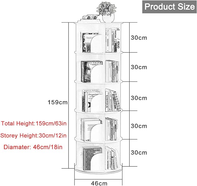 5 Tier Rotating Bookshelf 360° Revolving Bookcase Modern Tall Book Shelf Storage Display Rack Floor Standing Shelves with Baffle for Home Living Room Study Office White 63''X18''X18'' - LeafyLoom