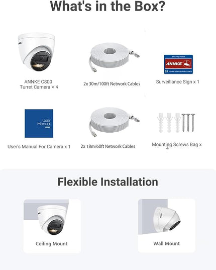 ANNKE C800 4Pcs Ultra HD 4K PoE Security Cameras with AI Human/Vehicle Detection, 8MP Turret IP Camera with Audio, Spotlight Color Night Vision, H.265+, IP67 Weatherproof, Support 512GB Micro SD ANNKE