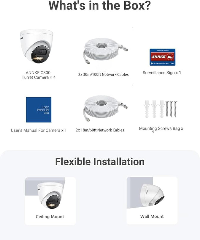 ANNKE C800 4Pcs Ultra HD 4K PoE Security Cameras with AI Human/Vehicle Detection, 8MP Turret IP Camera with Audio, Spotlight Color Night Vision, H.265+, IP67 Weatherproof, Support 512GB Micro SD ANNKE