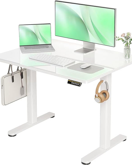 Glass Standing Desk, Small Electric Standing Desk Adjustable Height, 40 Inch Adjustable Stand Up Desk, Quick Install Home Office Computer Desk, Super White - LeafyLoom