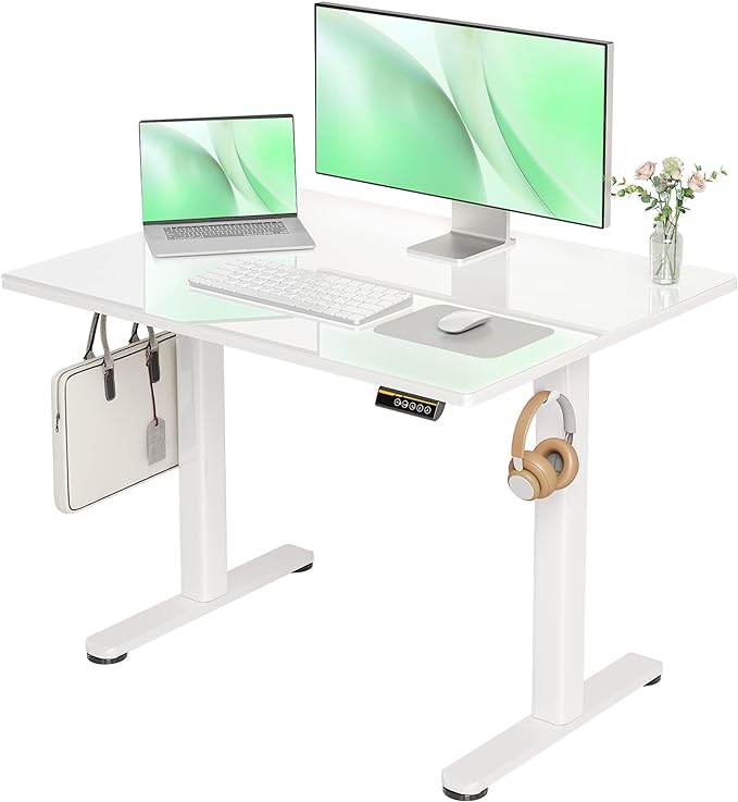 Glass Standing Desk, Small Electric Standing Desk Adjustable Height, 40 Inch Adjustable Stand Up Desk, Quick Install Home Office Computer Desk, Super White - LeafyLoom