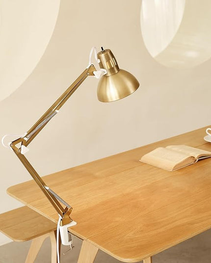 Globe Electric 62000010 32" Multi-Joint Desk Lamp with Metal Clamp, Matte Brass, White Accents, On/Off Rotary Switch on Shade, Partially Adjustable Swing Arm, Home Décor, Office Accessory - LeafyLoom