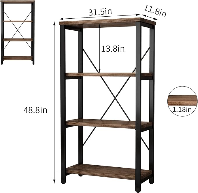 4 Tier Bookshelf, Solid Wood Bookcase Shelf Storage Organizer, Vintage Storage Rack with Open Shelves Rustic Standing Bookshelves for Living Room,Bedroom Rustic Brown(AY01-4tier) - LeafyLoom
