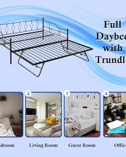 Full Daybed with Trundle, Metal Day Bed with Pull Out Trundle, Sofa Bed with Twin Size Portable Folding Trundle, Bed Frame for Bedroom, Living Room, Guest Room, Home, No Box Spring Needed, Black - LeafyLoom