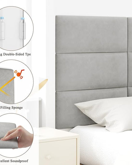 Queen Headboard, Wall Mounted Peel and Stick Headboard, Upholstered Leather Bed Headboard for Queen Size Bed, Floating Dorm Bedroom Tall Headboard Soundproof Wall Panels (9 Panels, 10"x24") - LeafyLoom