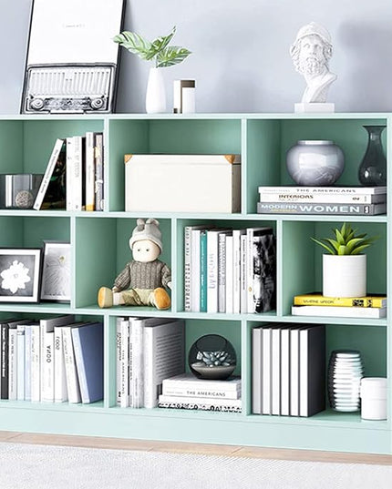 IOTXY Open Shelf Low Bookcase - Wooden 3-Tier Floor Standing Display Cabinet Organizer with Base, 10 Cubes Short Horizontal Bookshelf in Tiffany-Green - LeafyLoom