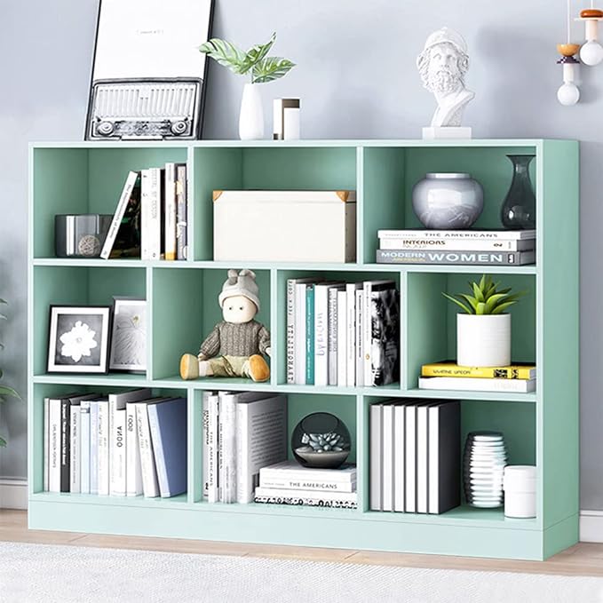 IOTXY Open Shelf Low Bookcase - Wooden 3-Tier Floor Standing Display Cabinet Organizer with Base, 10 Cubes Short Horizontal Bookshelf in Tiffany-Green - LeafyLoom