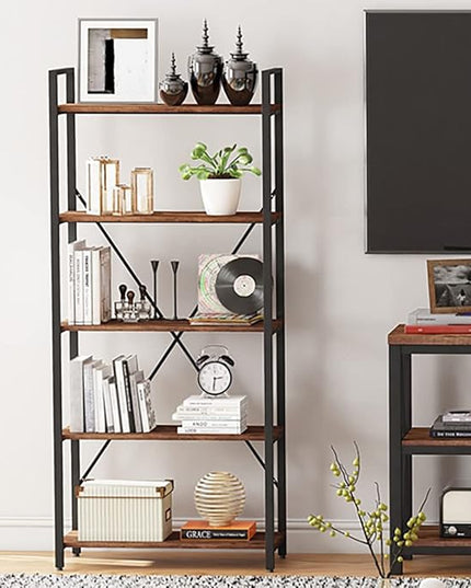 BON AUGURE Industrial Bookshelf, Etagere Bookcases and Book Shelves 5 Tier, Rustic Wood and Metal Shelving Unit (Rustic Oak) - LeafyLoom