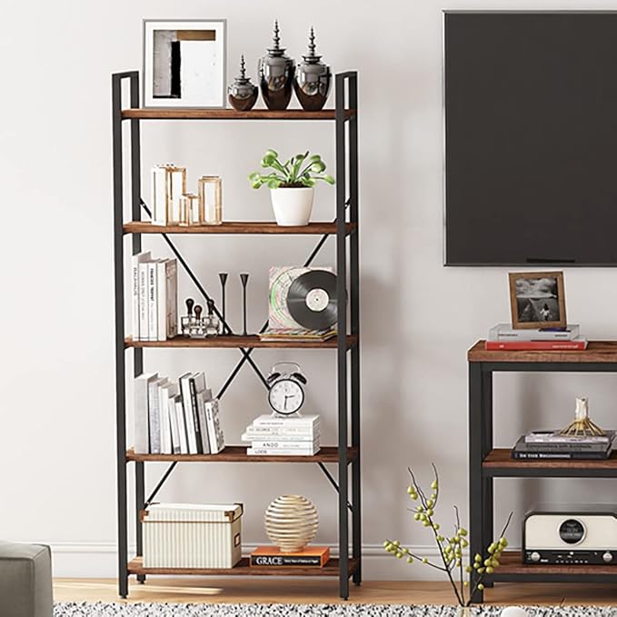 BON AUGURE Industrial Bookshelf, Etagere Bookcases and Book Shelves 5 Tier, Rustic Wood and Metal Shelving Unit (Rustic Oak) - LeafyLoom
