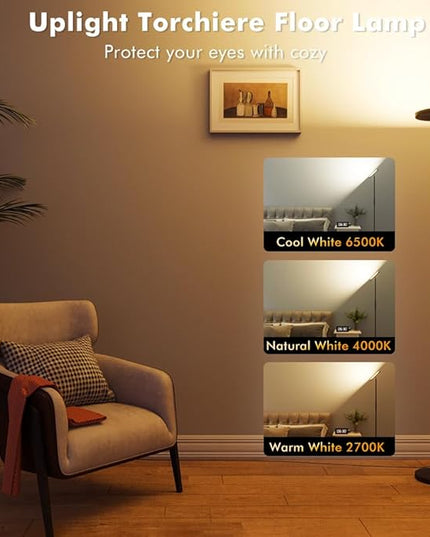 Smart RGB Floor Lamp 24W/2000LM Standing Bright Tall LED Sky Floor Lamp with Remote Dimmable Color Changing Modern Black Pole Touch Control Torchiere Stand Up Lamp Warm for Living Room Bed Room Office - LeafyLoom