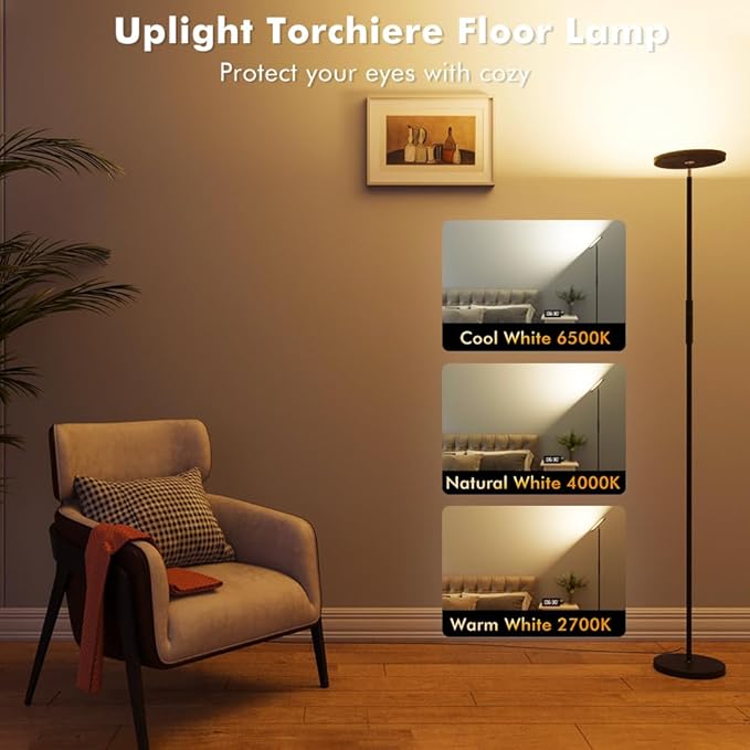 Smart RGB Floor Lamp 24W/2000LM Standing Bright Tall LED Sky Floor Lamp with Remote Dimmable Color Changing Modern Black Pole Touch Control Torchiere Stand Up Lamp Warm for Living Room Bed Room Office - LeafyLoom