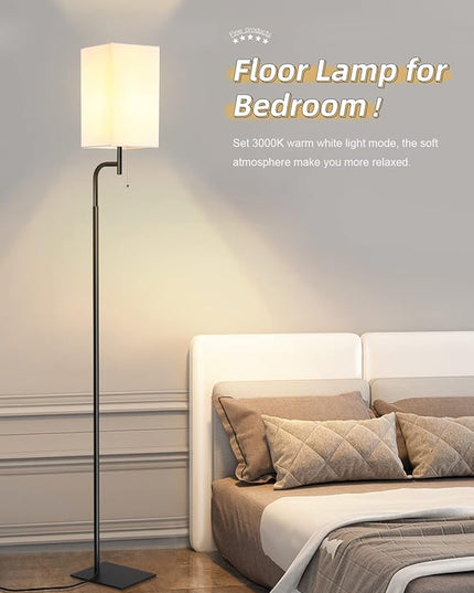 Floor Lamps for Living Room, 3 Color Temperatures Tall Lamp, Modern Standing Lamp for Bedroom, Square Linen Shade, Minimalist Pole Lamp for Office Kids Room Working Reading - LeafyLoom