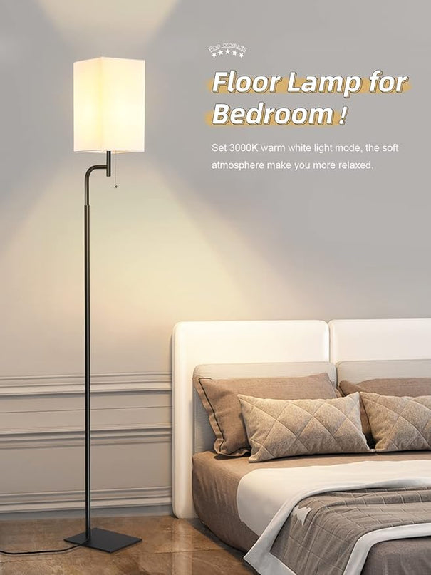 Floor Lamps for Living Room, 3 Color Temperatures Tall Lamp, Modern Standing Lamp for Bedroom, Square Linen Shade, Minimalist Pole Lamp for Office Kids Room Working Reading - LeafyLoom