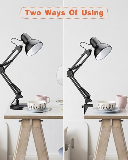 Metal Swing Arm Desk Lamps, Adjustable and Flexible, Feading with Base and Clip 2-in-1 Function, Fit E26&E27 Bulbs Base, Application in Bedroom Living Room, Office Home (Black) - LeafyLoom