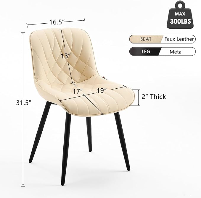 YOUNUOKE Dining Chairs Set of 2 Mid Century Modern Kitchen Chair Comfortable Upholstered Faux Leather Dinner Chairs for Kitchen Dining Room, Beige - LeafyLoom