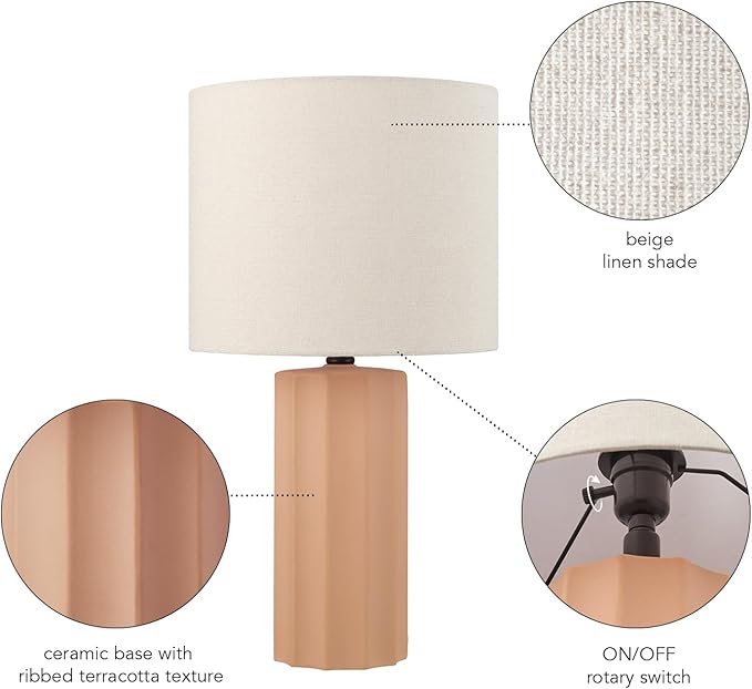 Globe Electric 61000062 20" Ribbed Ceramic Table Lamp, Matte Terracotta Finish, White Linen Shade, On/Off Rotary Switch on Socket, for Living Room, Bedroom, Office, Home Décor - LeafyLoom