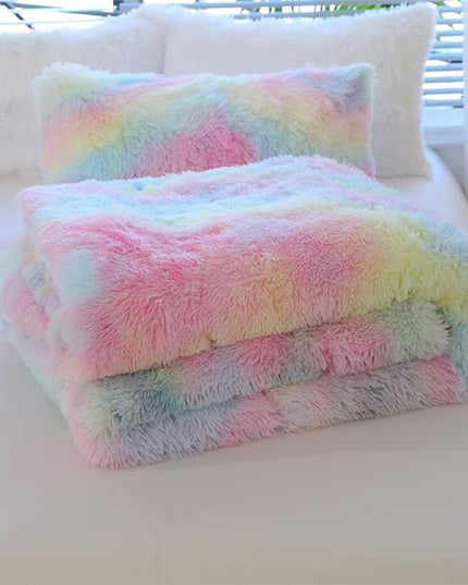 Faux Fur Kids Girls Rainbow Comforter Sets King - 3PC Bed Set Warm Comfortable Soft Plush Flannel Velvet Fluffy Fuzzy Bedding（Comforter x 1 Pillowcases x 2） - LeafyLoom