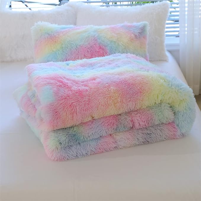 Faux Fur Kids Girls Rainbow Comforter Sets Queen - 3PC Bed Set Warm Comfortable Soft Plush Flannel Velvet Fluffy Fuzzy Bedding（Comforter x 1 Pillowcases x 2） - LeafyLoom