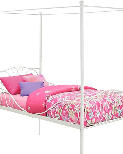 DHP Metal Canopy Kids Platform Bed with Four Poster Design, Scrollwork Headboard and Footboard, Underbed Storage Space, No Box Sring Needed, Twin, White - LeafyLoom