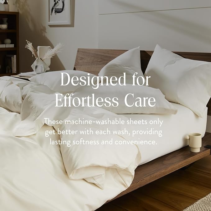 Brooklinen Luxury Sateen 4 Piece Queen Size Sheets Set in Cream - 100% Cotton Sateen Sheets - 1 Fitted Sheet, 1 Flat Sheet, 2 Pillowcases - Best Luxury Sheets Brooklinen