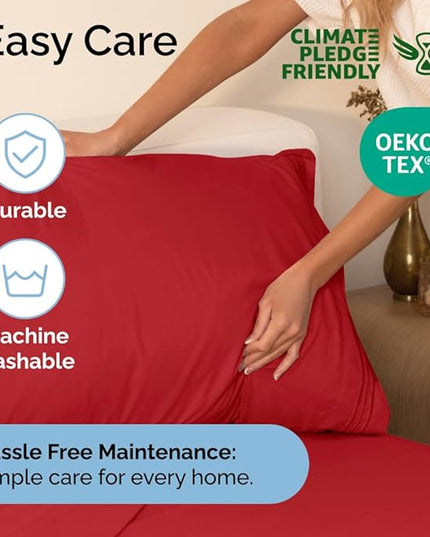Cal King Size 4 Piece Sheet Set - Comfy Breathable & Cooling Sheets - Hotel Luxury Bed Sheets for Women & Men - Deep Pockets, Easy-Fit, Extra Soft & Wrinkle Free Sheets - Red Oeko-Tex Bed Sheet Set - LeafyLoom