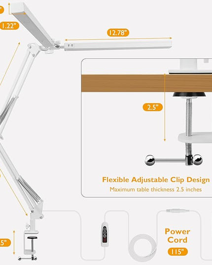 LED Desk Lamp with Clamp, Super Bright Double Head Desk Lamps for Home Office, 5 Color Modes, 10%~100% Dimmable Brightness, Architect Task Desk Light, Modern Swing Arm Workbench Desk Lighting - LeafyLoom