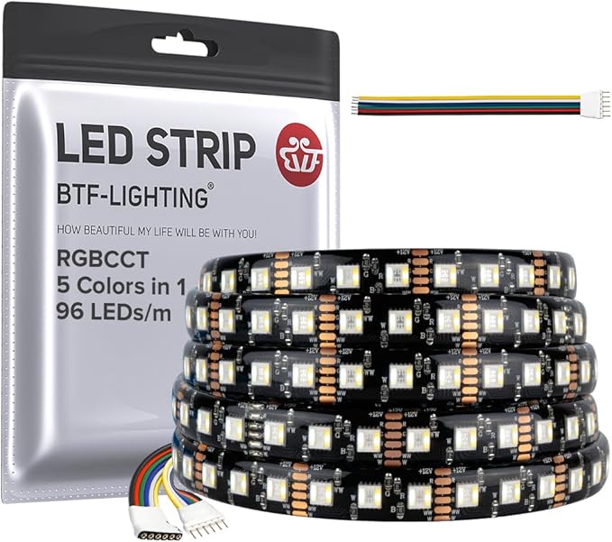 BTF-LIGHTING RGBCCT 5 Colors in 1 LED Tape Lights 5050SMD RGBWW RGB+Dimmable Color Temperature 2700K-6500K 16.4ft 96LED/m 480LED IP65 DC12V Black PCB for Home Decoration(No Adapter or Controller) BTF-LIGHTING