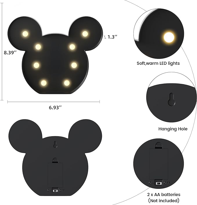 Black Mouse Decor, Battery Powered Mouse Night Light for Kids, Mouse Birthday Decorations for Kids, Kids Room Decor for Bedroom, Mouse Wall Decor for Bedroom - LeafyLoom