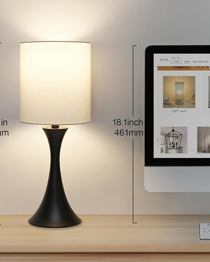 3 Way Touch Control Table Lamp, Modern Bedside Lamp for Bedroom, Dimmable Black Nightstand Lamp White Shade Desk Reading Light for Living Room Office Dorm, 3000K LED Bulb Included - LeafyLoom