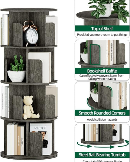 OTK Rotating Bookshelf, 360° Display Standing Book Shelf Organizer, 4 Tier Wooden Corner Bookshelves for Small Space, Small Bookcase Storage Rack for Kids' Room, StudyRoom, Bedroom, Black Oak - LeafyLoom