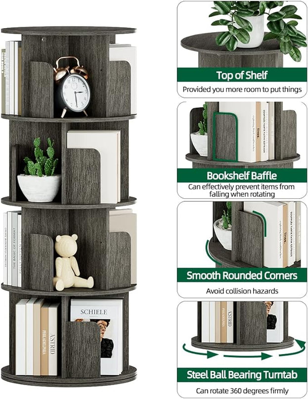 OTK Rotating Bookshelf, 360° Display Standing Book Shelf Organizer, 4 Tier Wooden Corner Bookshelves for Small Space, Small Bookcase Storage Rack for Kids' Room, StudyRoom, Bedroom, Black Oak - LeafyLoom