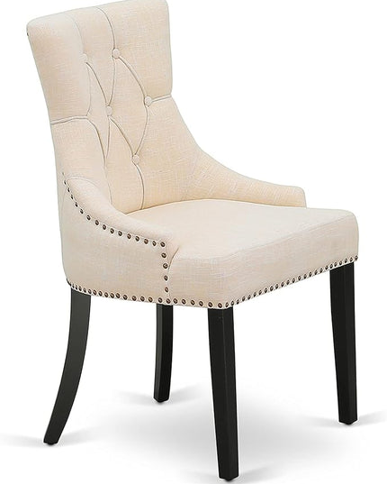 East West Furniture DLFR3-BLK-02 Modern Dinette Set - 2 Dining Chairs with Light Beige Linen Fabric Seat and Button Tufted Back - Solid Wood Drop Leaves Pedestal Dining Table (Black Finish) - LeafyLoom