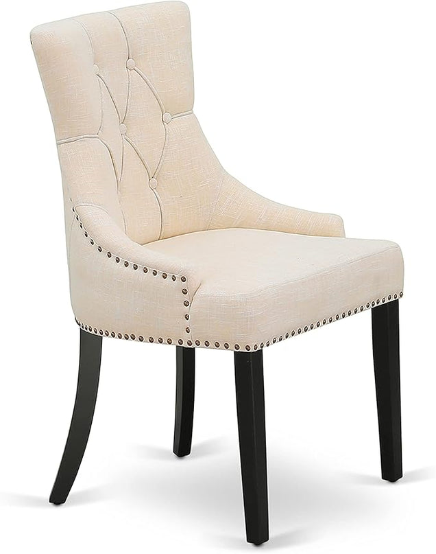 East West Furniture DLFR3-BLK-02 Modern Dinette Set - 2 Dining Chairs with Light Beige Linen Fabric Seat and Button Tufted Back - Solid Wood Drop Leaves Pedestal Dining Table (Black Finish) - LeafyLoom