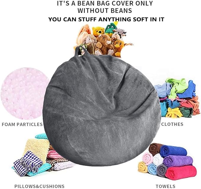 Bean Bag Chair Cover (No Filler) Stuffed Animal Storage Bean Bag Cover Pets Dogs/Cats Lazy Beds. Washable Ultra Soft Corduroy Stuffed for Organizing Plush Toys or Textile, Sack Bean Bag - LeafyLoom