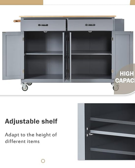Solid Wood Top, Mobile Carts with Storage Cabinet, Rolling Kitchen Table w/Spice, Towel Rack, and Drawer, Portable Islands on Wheels, Gray, 54.33 Inch - LeafyLoom