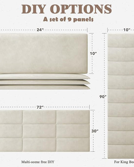 Queen Headboard, Wall Mounted Peel and Stick Headboard, Upholstered Leather Bed Headboard for Queen Size Bed, Floating Dorm Bedroom Tall Headboard Soundproof Wall Panels (9 Panels, 10"x24") - LeafyLoom
