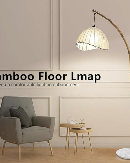 Bamboo Floor Lamp, Boho Floor Lamps, Modern Tall Standing Lamps Retro Arc Floor Lamp for Living Room Restaurant Home Decorative, Fishing Floor Lamp(Trichromatic Light Change) - LeafyLoom