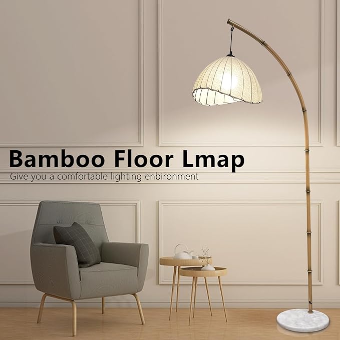 Bamboo Floor Lamp, Boho Floor Lamps, Modern Tall Standing Lamps Retro Arc Floor Lamp for Living Room Restaurant Home Decorative, Fishing Floor Lamp(Trichromatic Light Change) - LeafyLoom
