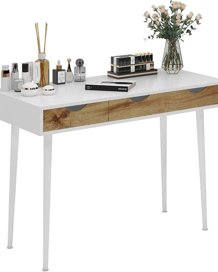 SogesHome 43.3 Computer Desk, Home Office Work Table with 3-Drawers, Gaming Working Writing Table, White&Teak - LeafyLoom