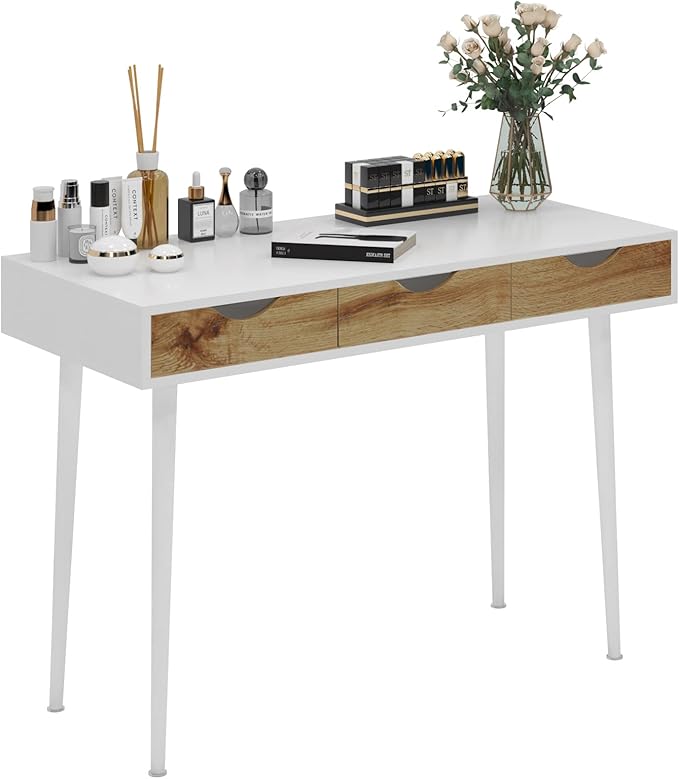 SogesHome 43.3 Computer Desk, Home Office Work Table with 3-Drawers, Gaming Working Writing Table, White&Teak - LeafyLoom