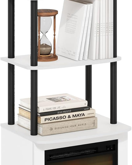 Furinno Turn-N-Tube 2-Tier Tall TV Entertainment Side Table Display Rack with Fireplace Insert, Solid White/Black - LeafyLoom